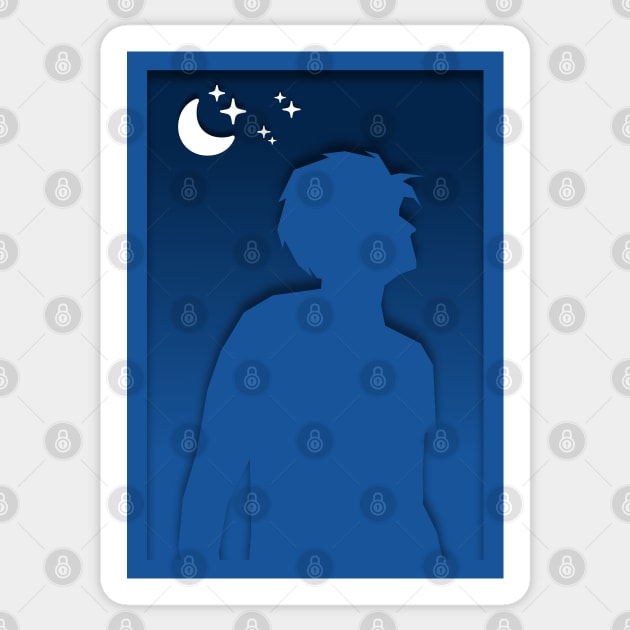 Man and moon paper cut design at night Sticker by SanTees